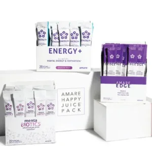 Amare Happy Juice Pack On The Go Stick Packets with MentaBiotics, Grape EDGE and Energy+ Dragon Fruit