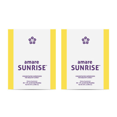 Amare Sunrise 2 pack product packaging, formerly known as Kyani Sunrise, containing 30 antioxidant superfood packets with essential vitamins and minerals.