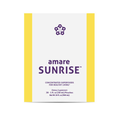 Amare Sunrise product packaging, formerly known as Kyani Sunrise, containing 30 antioxidant superfood packets with essential vitamins and minerals.