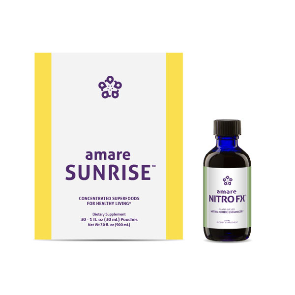 Amare Sunrise (formerly Kyani Sunrise) & Amare Nitro Xtreme (formerly Kyani Nitro FX) product bundle packaging. 30 1 oz packets of Amare Sunrise and 1 bottle of Amare Nitro FX nitric oxide enhancer.