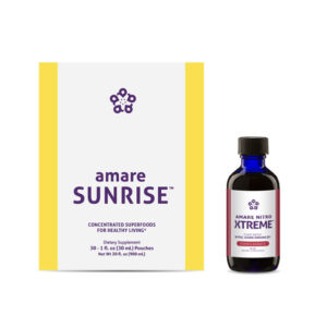 Amare Sunrise (formerly Kyani Sunrise) & Amare Nitro Xtreme (formerly Kyani Nitro Xtreme) product bundle packaging. 30 1 oz packets of Amare Sunrise and 1 bottle of Amare Nitro Xtreme nitric oxide enhancer.