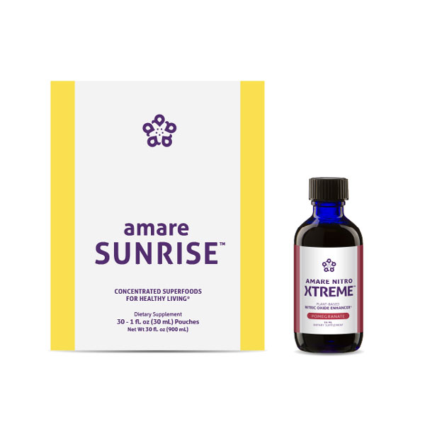 Amare Sunrise (formerly Kyani Sunrise) & Amare Nitro Xtreme (formerly Kyani Nitro Xtreme) product bundle packaging. 30 1 oz packets of Amare Sunrise and 1 bottle of Amare Nitro Xtreme nitric oxide enhancer.