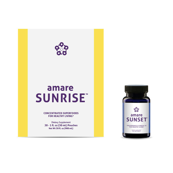 Amare Sunrise (formerly Kyani Sunrise) & Amare Sunset (formerly Kyani Sunset) product bundle packaging. 30 1 oz packets of Amare Sunrise and 1 bottle of Amare Sunset with 90 softgels.