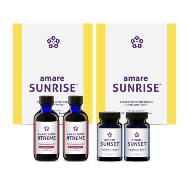 Amare Triangle of Health Pack (formerly Kyani Triangle of Health) - 2 Pack with Amare Sunrise, Amare Sunset, and choice of Amare Nitro Xtreme. Best-selling formulas with vitamins and superfoods to support nitric oxide production and overall health.