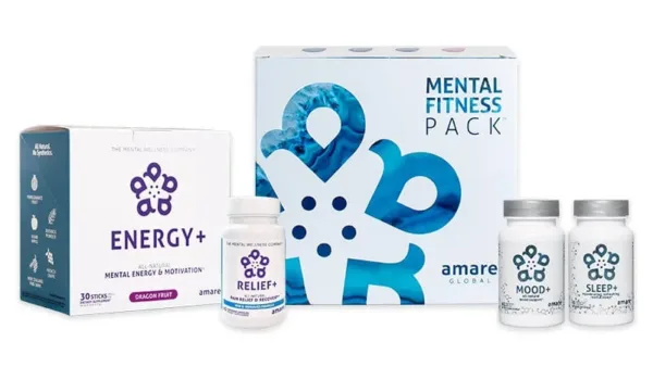 Amare Mental Fitness includes (1) of each of our most-popular mental optimization products: Energy+, Mood+, Sleep+, and Relief