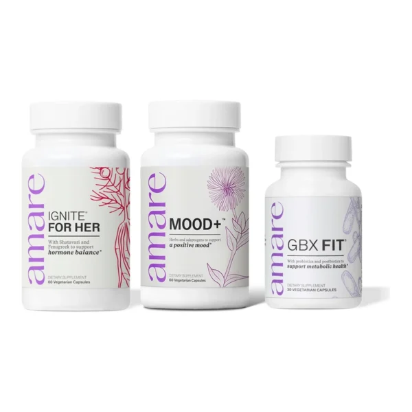 Amare Happy Hormones Pack (Ignite for HER, Mood+ & GBX Fit) product packaging