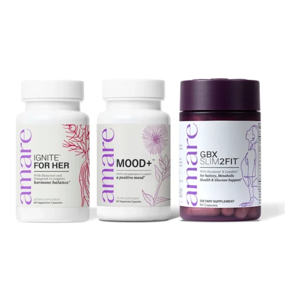 Amare Happy Hormones Pack (Ignite for HER, Mood+ & GBX Slim2Fit) product packaging